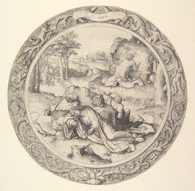 円形の情熱からのオリーブ山のキリスト、1509年。 作： Lucas van Leyden