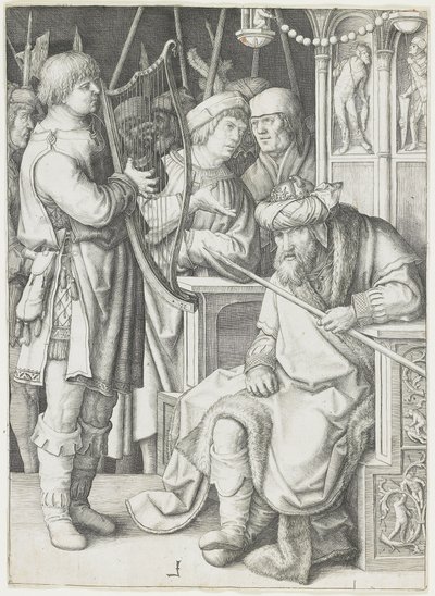 ソールの前でハープを弾くデビッドc。 1508 作： Lucas van Leyden