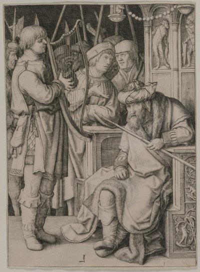 ソールの前でハープを弾くデビッドc。 1508。 作： Lucas van Leyden