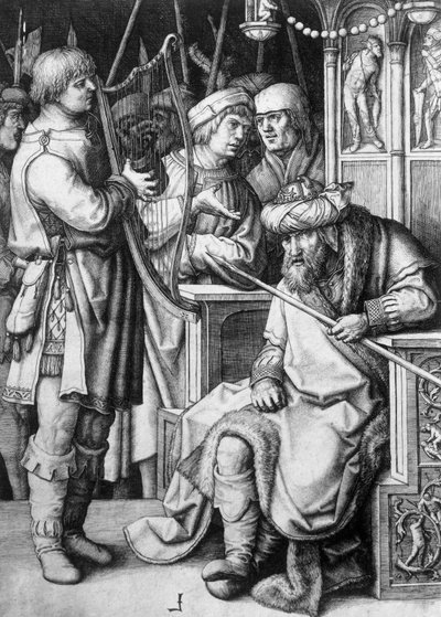 サウル王の前でハープを弾くダビデ 1508年頃 ルーカス・ファン・ライデン（約1494-1533）作、エングレーヴィング 作： Lucas van Leyden