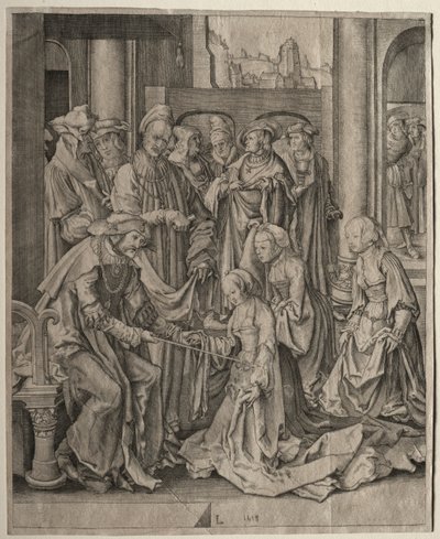 1518年、アハシュエロスの前のエステル。 作： Lucas van Leyden