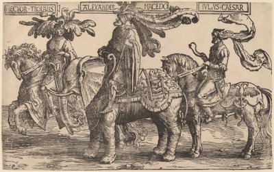 トロイのヘクター、マケドニアのアレキサンダー、ユリウス・カエサル 作： Lucas van Leyden