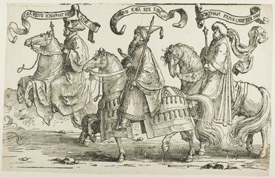 「イスラエルの十二王」より、プレート 3、エホラム、ウジヤ、ヨタム 作： Lucas van Leyden
