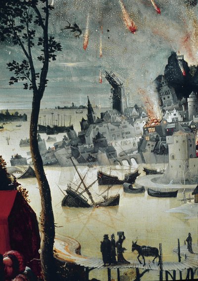 ロトとその娘たち、ソドムの破壊の詳細（パネルに油彩、1517年頃 作： Lucas van Leyden