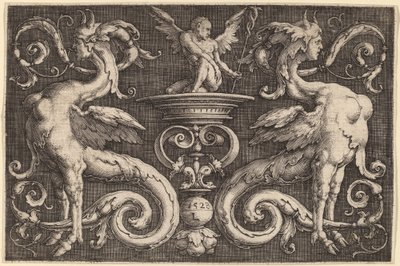 2 つのスフィンクスと翼のある男の飾り 作： Lucas van Leyden