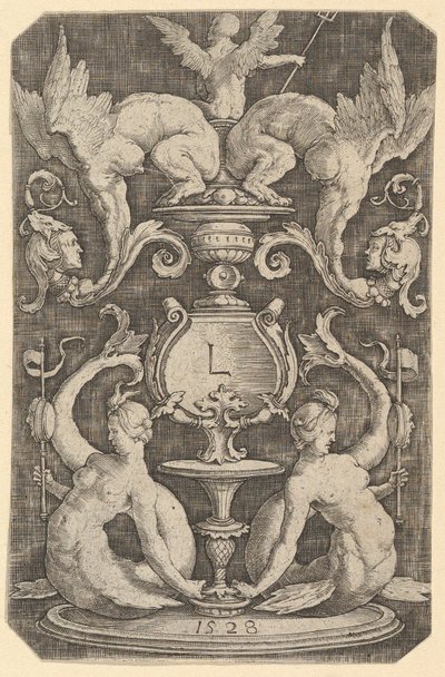 2つのサイレンを持つ装飾パネル、1528年。 作： Lucas van Leyden