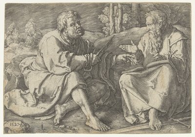 風景の中に座るポールとピーター 作： Lucas van Leyden