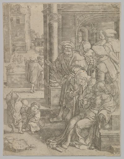 詩人ヴァージルがバスケットに吊るされた、1525年。 作： Lucas van Leyden