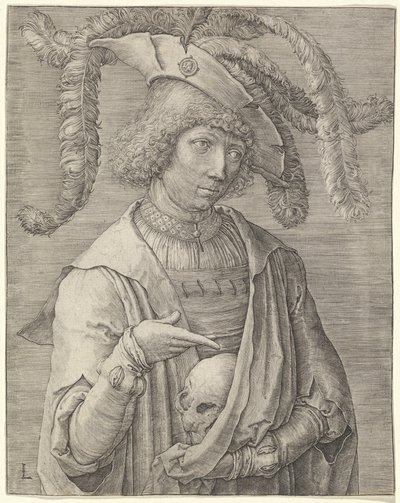 頭蓋骨を持つ若い男の肖像 作： Lucas van Leyden