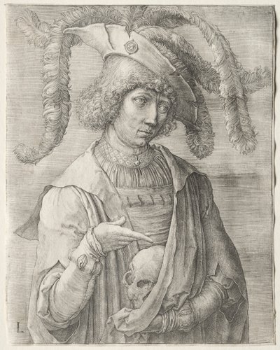 頭蓋骨を持つ若い男の肖像 作： Lucas van Leyden