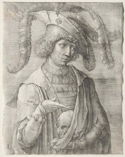 頭蓋骨を持つ若者の肖像、c。 1519年。 作： Lucas van Leyden