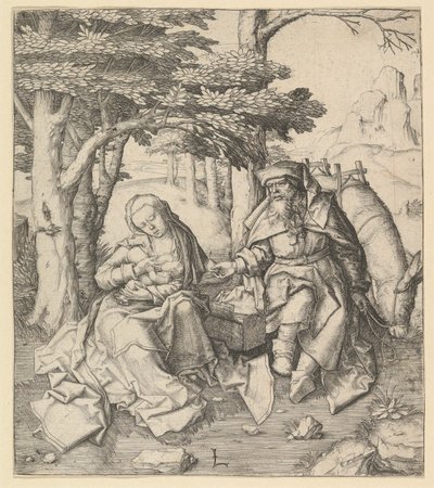 エジプトへのフライトで休む1506年。 作： Lucas van Leyden