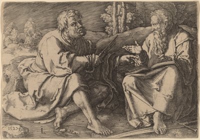 風景の中に座る聖ペテロとパウロ 作： Lucas van Leyden