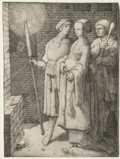 トーチを持つ男と愚か者が続く女c。 1508。 作： Lucas van Leyden