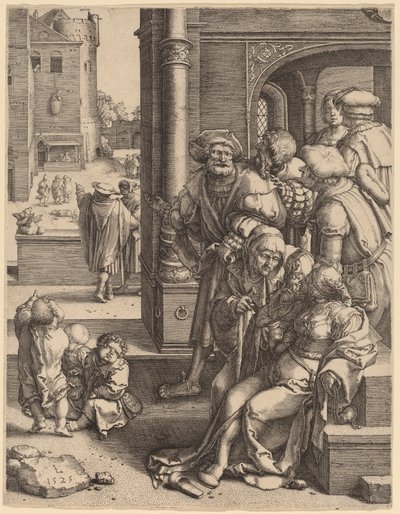 かごに吊るされた詩人ウェルギリウス 作： Lucas van Leyden