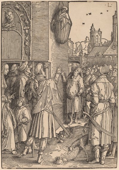 かごに吊るされた詩人ウェルギリウス 作： Lucas van Leyden