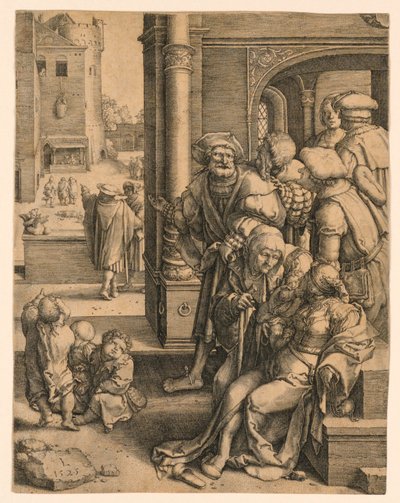 かごに吊るされた詩人ウェルギリウス 作： Lucas van Leyden