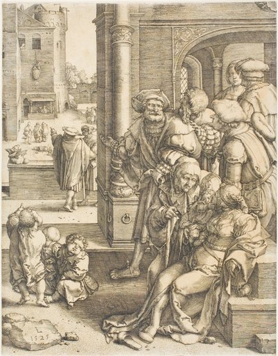かごに吊るされた詩人ウェルギリウス 作： Lucas van Leyden