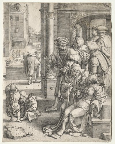 かごに吊るされた詩人ウェルギリウス 作： Lucas van Leyden