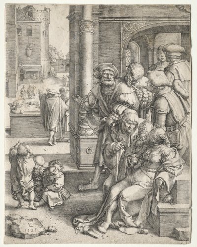 1525年、かごに吊るされた詩人バージル。 作： Lucas van Leyden