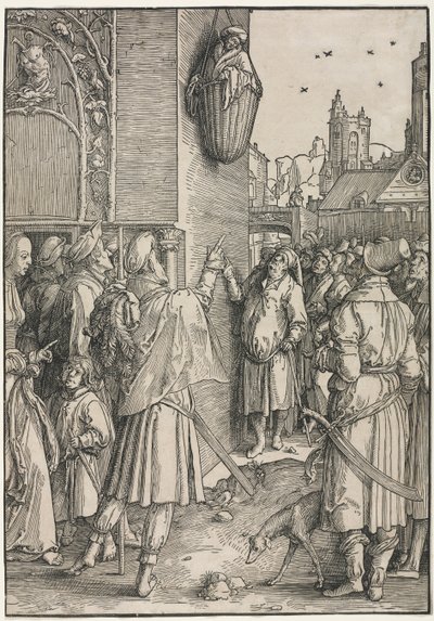 女性の力：かごの中に吊るされた詩人ヴァージルc。 1512。 作： Lucas van Leyden