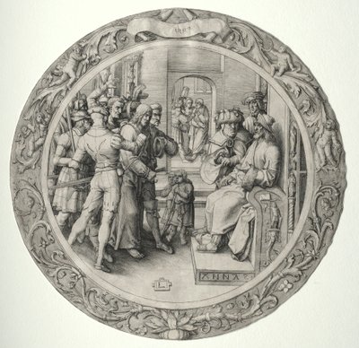 ラウンドパッション：大祭司の前のキリスト、1509年。 作： Lucas van Leyden