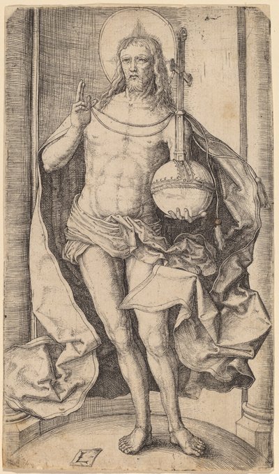 左手に地球儀と十字架を持って立つ救世主 作： Lucas van Leyden