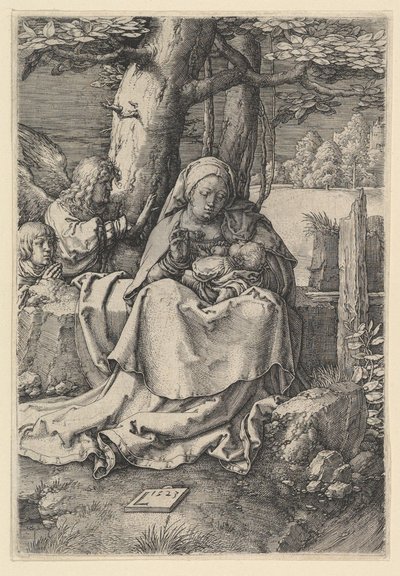 1523年、二人の天使を持つ聖母子。 作： Lucas van Leyden