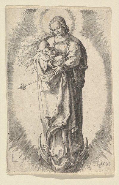 1523年、三日月の子供を持つ聖母。 作： Lucas van Leyden