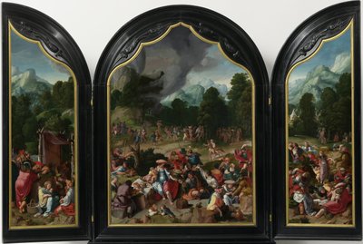 黄金の子牛の崇拝を持つ三連祭壇画 作： Lucas van Leyden
