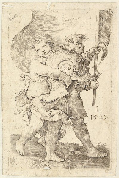 ヘルメットと標準を持った二人の少年、1527年。 作： Lucas van Leyden