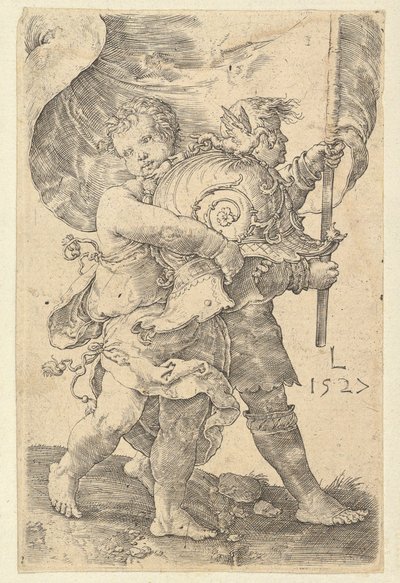 ヘルメットと標準装備の2人の少年、1527年。 作： Lucas van Leyden