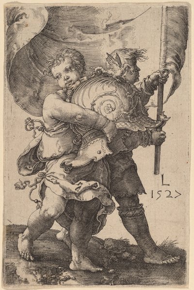 兜と旗を持った二人の少年 作： Lucas van Leyden