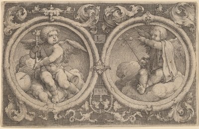 2 つの円の雲の上に座っている 2 つのキューピッド 作： Lucas van Leyden