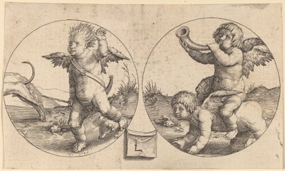 2 つの円の中の 2 つのキューピッド 作： Lucas van Leyden