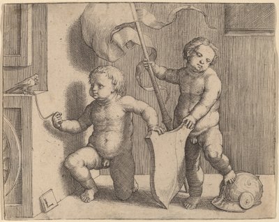 空白の盾を支える 2 人の裸の子供 作： Lucas van Leyden
