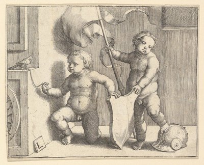 ブランクシールドを支える2人の裸の子供たち1510。 作： Lucas van Leyden
