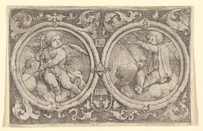 雲の中に座っている2人のプッティは、円の中にテンドリルを持っています 1517年 作： Lucas van Leyden