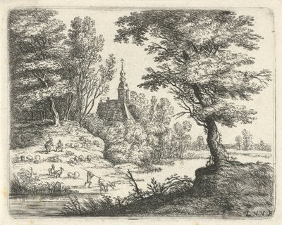 川沿いの羊飼いと牛のいる風景 小さな風景（シリーズタイトル） 作： Lucas van Uden