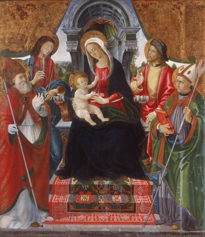 聖人ニコラス、セバスチャン、ロック、マーティンとの聖母子 作： Lucchese School Late 15th Century