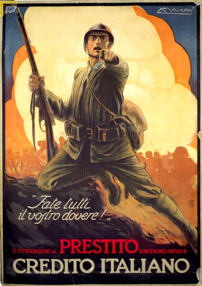 戦争債を宣伝するイタリアの第一次世界大戦プロパガンダ ポスター 作： Luciano Achille Mauzan
