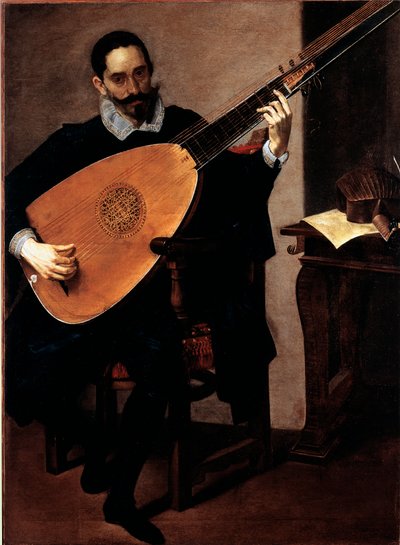 ドゥカーレ礼拝堂の音楽家ジェロラモ・ガッロの肖像 ルチアーノ・ボルツォーネ（1590-1645）の絵画 ゲネス、パラッツォ・ビアンコのガレリア 作： Luciano Borzone