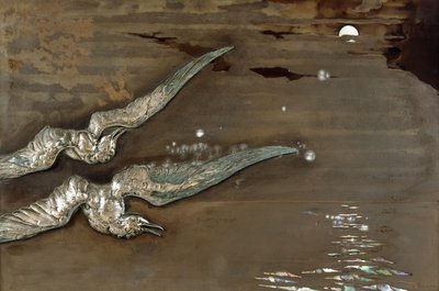 シルバーカモメを施したメタルラッカーパネル、1900年頃（メタルラッカーパネル、シルバー） 作： Lucien Gaillard