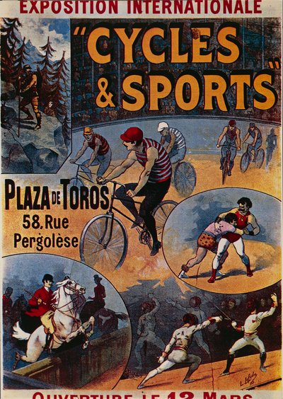 Exposition Internationale Cycles et Sports、スポーツに特化した国際展示会の広告、Lucien Lefevre によるイラスト、ポスター 作： Lucien Lefevre
