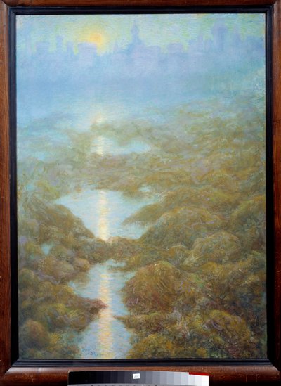 「母はある晩、イースの街を見た。霧と川の風景 作： Lucien Levy Dhurmer
