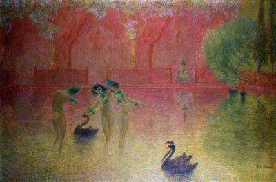 東洋の風景の中で水浴びをするニンフたち（油彩・板） 作： Lucien Levy Dhurmer
