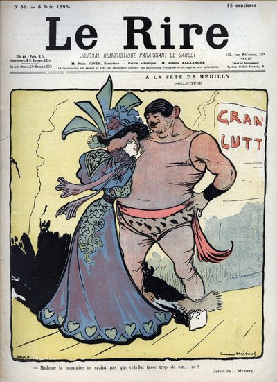 ヌイユの祝宴にて：ケア - 優雅に着飾った女性がデッサン力士と会話している by Lucien Marie Francois Metivet (1863-1930) - 6月8日の笑い声 作： Lucien Metivet