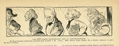 04/01/13のLe Rire紙に掲載されたイラスト - 1913年...- 演劇、コメディ・フランセーズ - ユゴー・ヴィクトル、デュマ・アレクサンドル、ラヴェダン・アンリ（1859-1940）、ギトリ・シャシャ、ミュッセ・アルフレッド、モリエール（彫版 作： Lucien Metivet