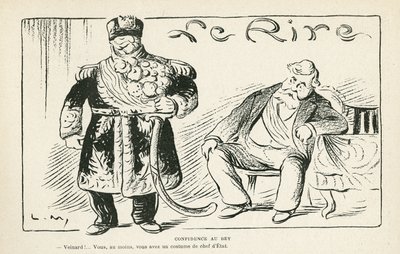 Le Rire紙27/07/12のイラスト - ベイへの信頼 - 植民地化 - Fallieres Armand (1813-1941), Naceur Bey (Mohamed el-Naceur Bey) (1855-1922) (エングレービング) 作： Lucien Metivet