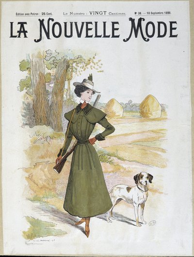 ライフルを持った狩猟服の女性 - 1898年9月の「ラ・ヌーベル・モード」より 作： Lucien Metivet